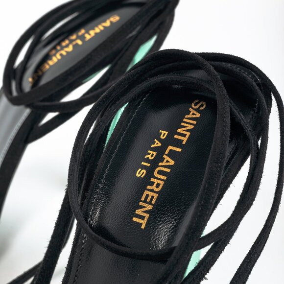 Saint Laurent Paz Black Suede Lace-Up Green-Heeled Sandals - Picture 10 of 11
